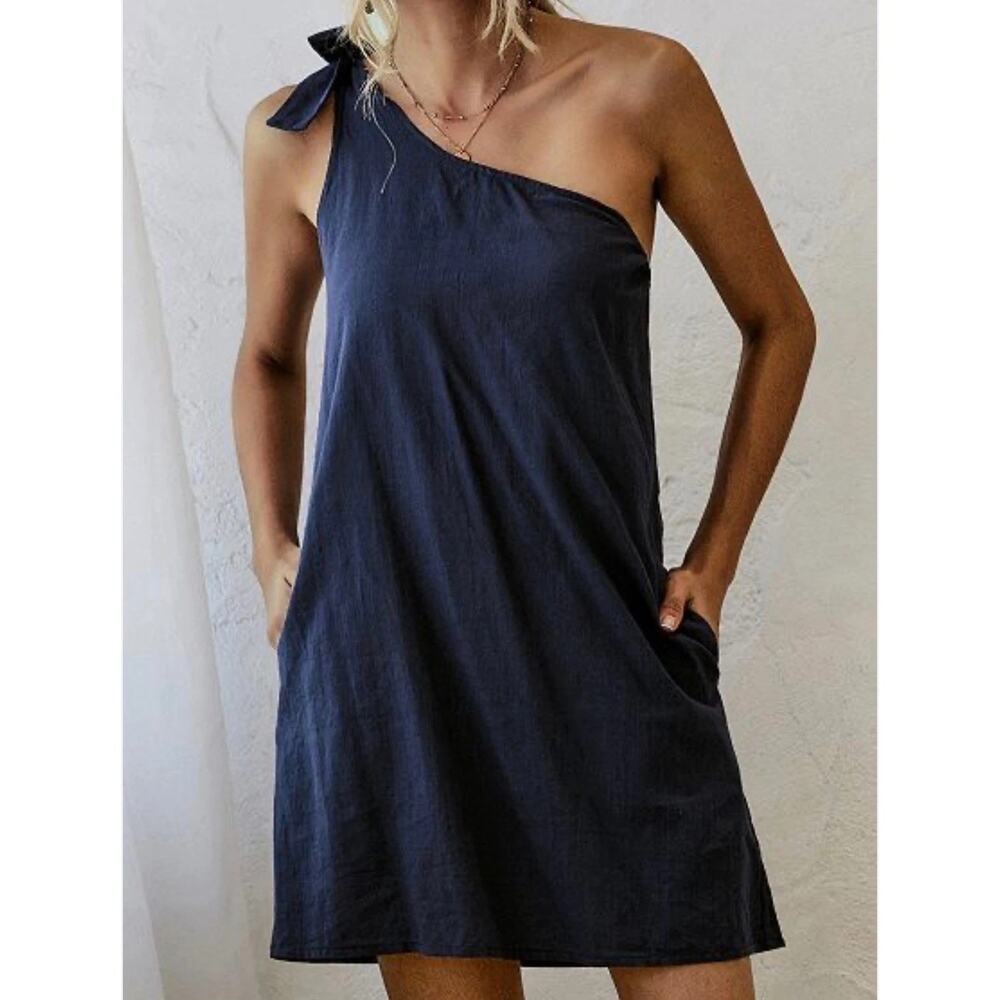 NWT J. Crew One-Shoulder 100% Linen Navy Shift Dress SZ 3X Bow Tie Shoulder NEW